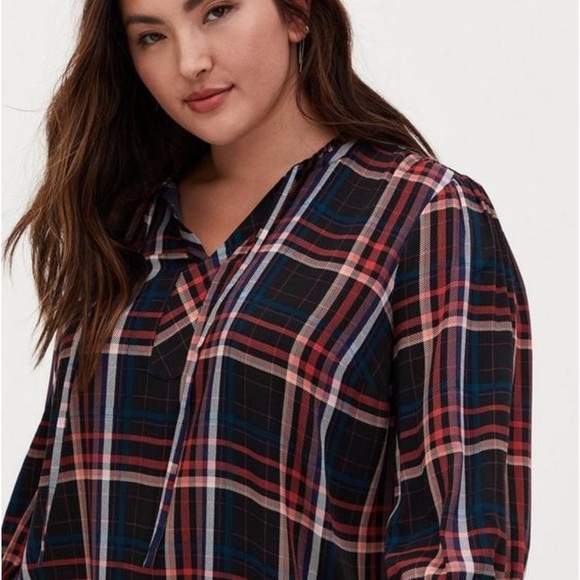Torrid Plaid Rayon Twill Tie Neck Peasant Top Shirt Black Womens Plus Size 2X 2 - Picture 4 of 15